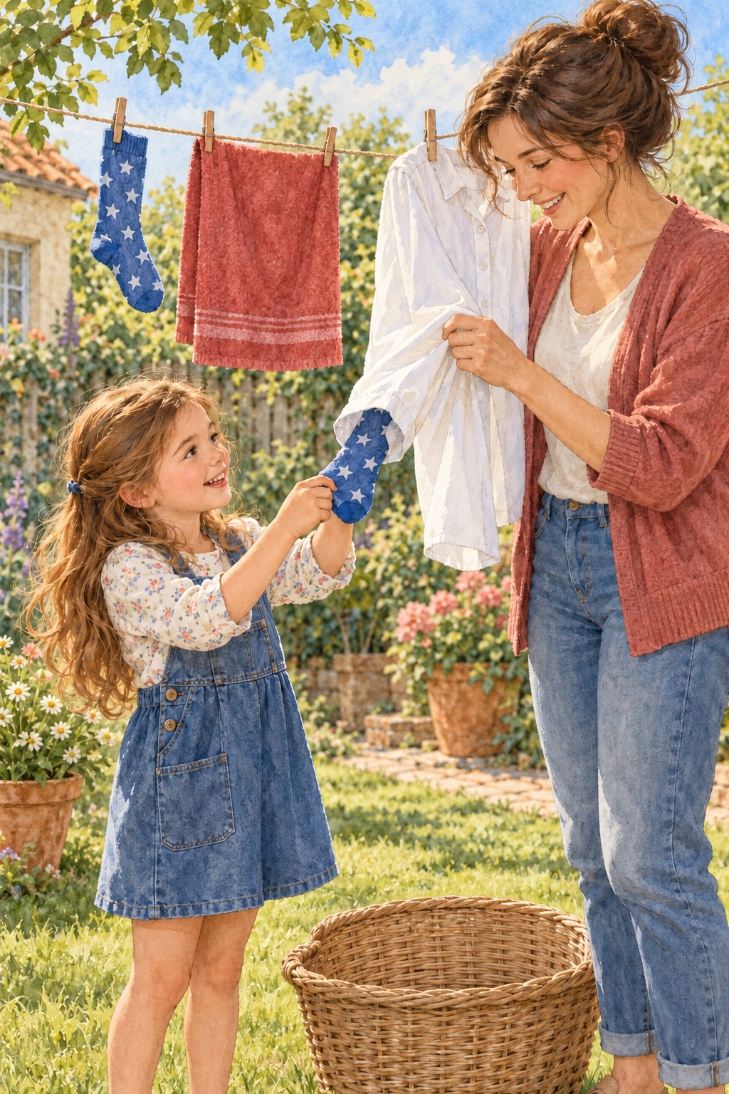 A girl pulls a blue sock with white stars from a white shirt sleeve held by her mother; another matching sock hangs by a red towel, with an empty wicker basket below.