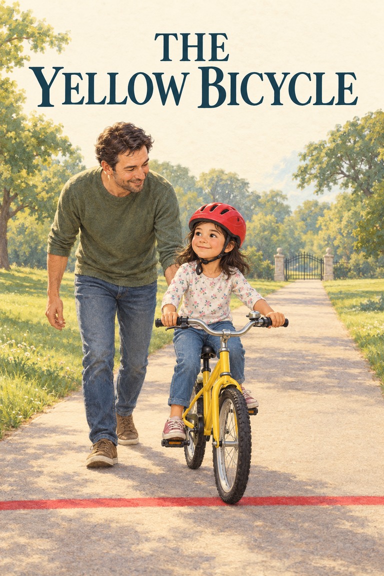 A girl in a red helmet rides a yellow bicycle to a nearby red line on a park path. Her father walks beside her, with a distant gate behind them.