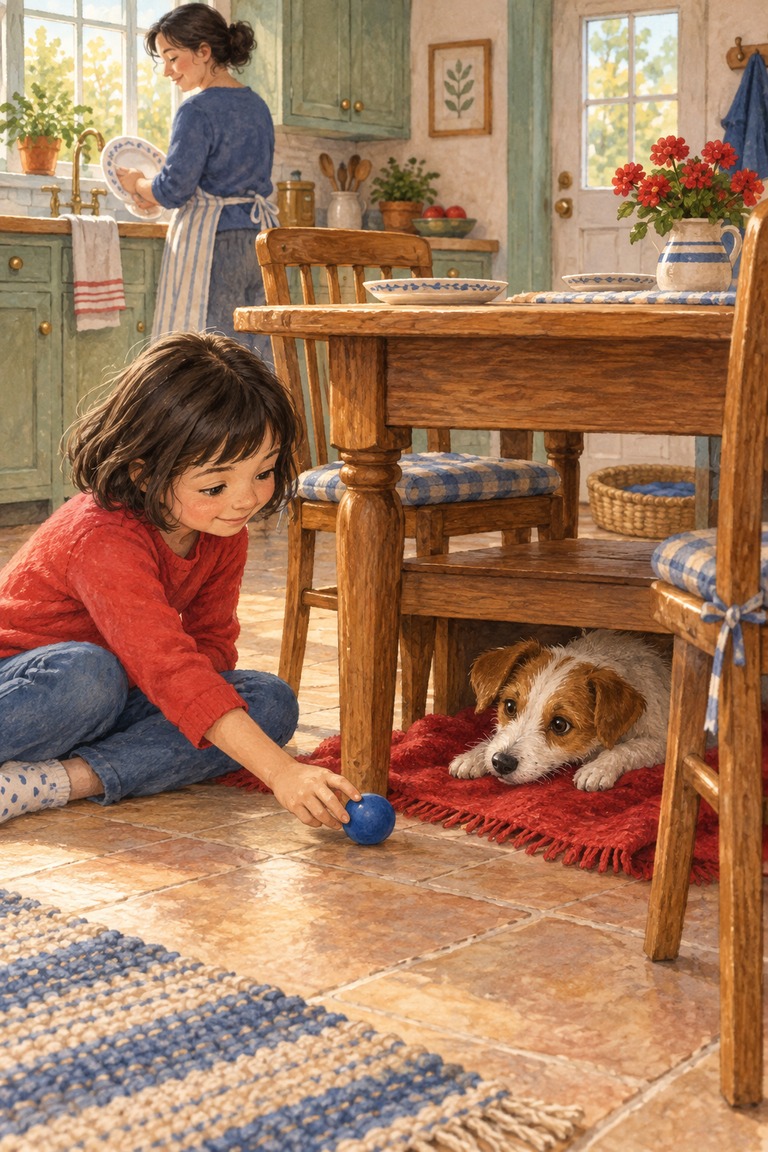 A girl offers a blue ball to a small white dog with brown ears on a red blanket beneath a kitchen table. Her mother holds a plate near the sink, and an empty basket stands by the door.