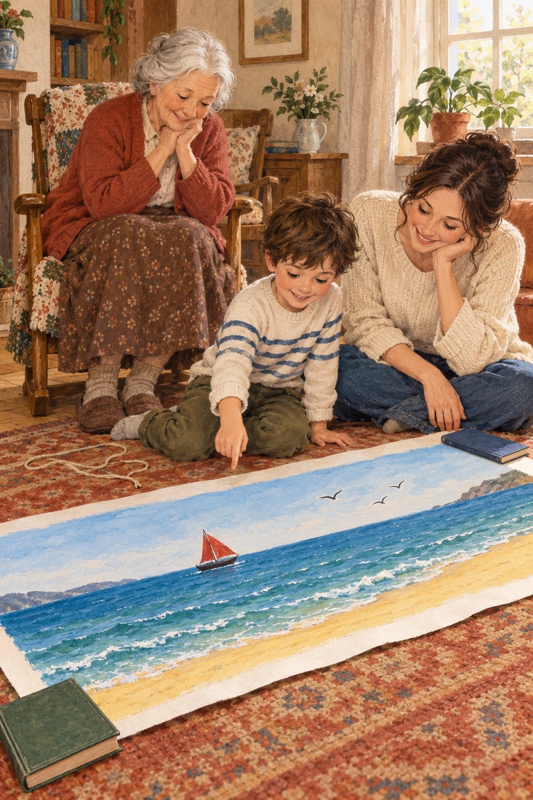 A boy and his mother sit beside a long painting of the sea, with a red sail and three birds, while his grandmother smiles from her chair. Two books hold the paper flat.
