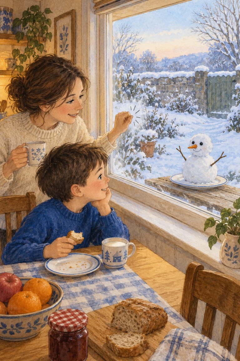 A boy and his mother have breakfast inside a warm kitchen while a small snowman stands on a plate outside the window; the mother taps the glass.