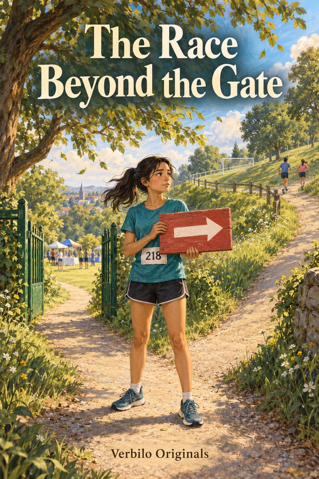 A teenage runner holds a red sign with a white right-pointing arrow at a park fork. An open green gate leads left to race tables; other runners go uphill towards a football field on the right.