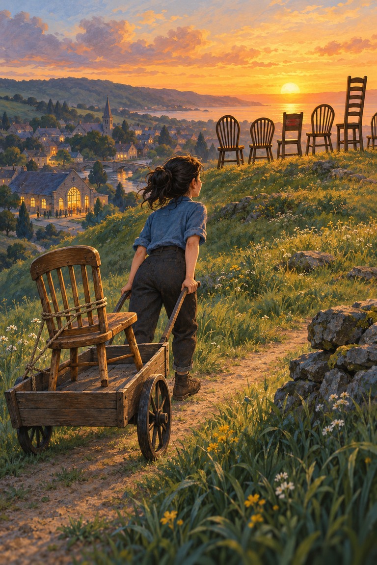 At sunset, Lila pulls a two-wheeled cart carrying a tied wooden chair up a grassy hill. A row of varied wooden chairs faces the golden sky above the village.
