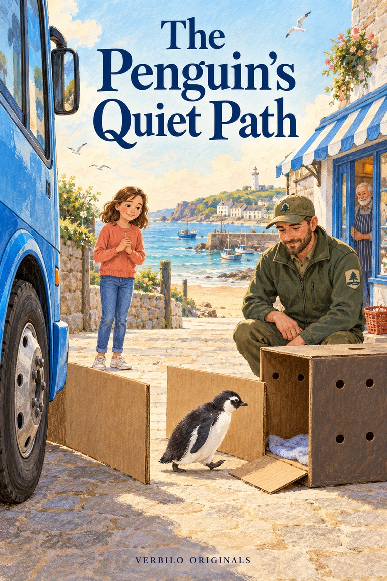 Ada and a ranger watch a young penguin walk between cardboard panels toward a box with air holes beside a stopped blue bus. A fish shop with a blue door and red basket stands behind them.