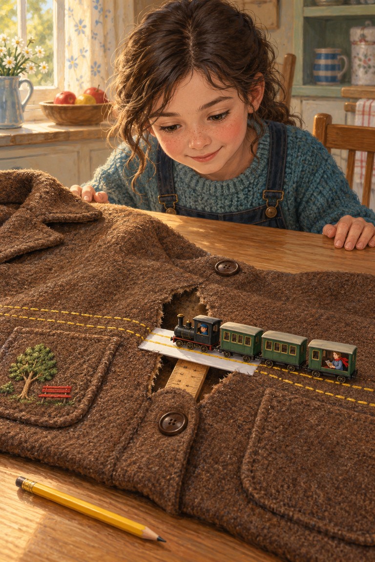 Rosa watches a black miniature engine and three green carriages cross a paper bridge supported by a wooden ruler on her grandfather's brown coat.