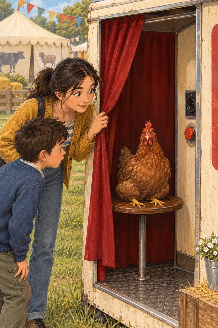 Nina and Dan look into an old photo booth at a village fair, where a brown hen sits on the seat behind a red curtain.