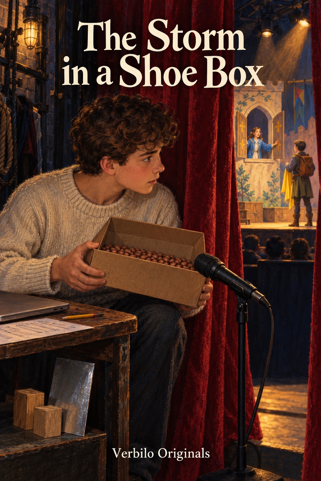A boy behind a red theatre curtain tilts a shoe box of dry beans beside a microphone. A queen in blue stands at a cardboard window on stage with a traveller holding a yellow scarf.