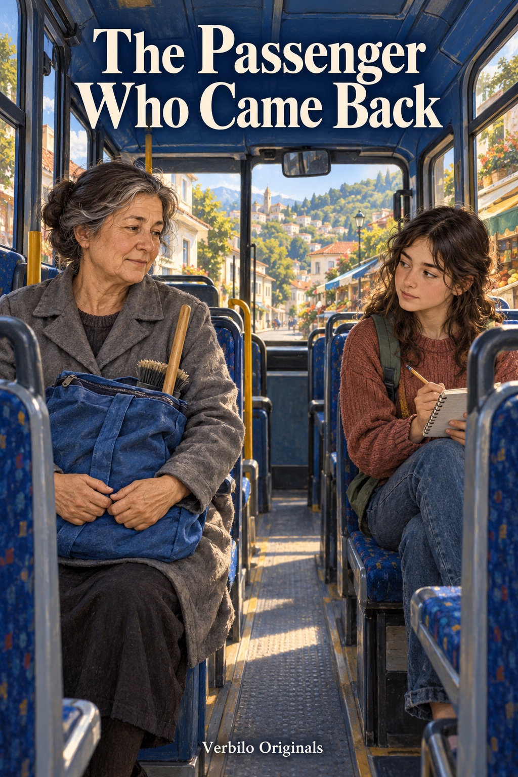 Inside a small blue bus, a grey-coated older woman holds a blue work bag with a wooden brush handle. A teenage passenger counter sits across the aisle with her notebook and pencil.
