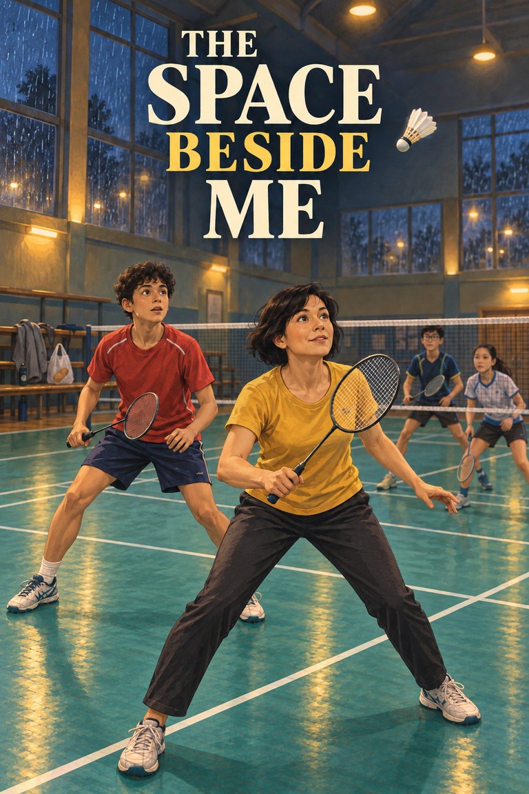 Inside a badminton hall, a young player in a red shirt and his adult female partner in a yellow shirt stand on the same side of a net, leaving space between them. A white feathered shuttle hangs above the court, with opponents beyond the net.