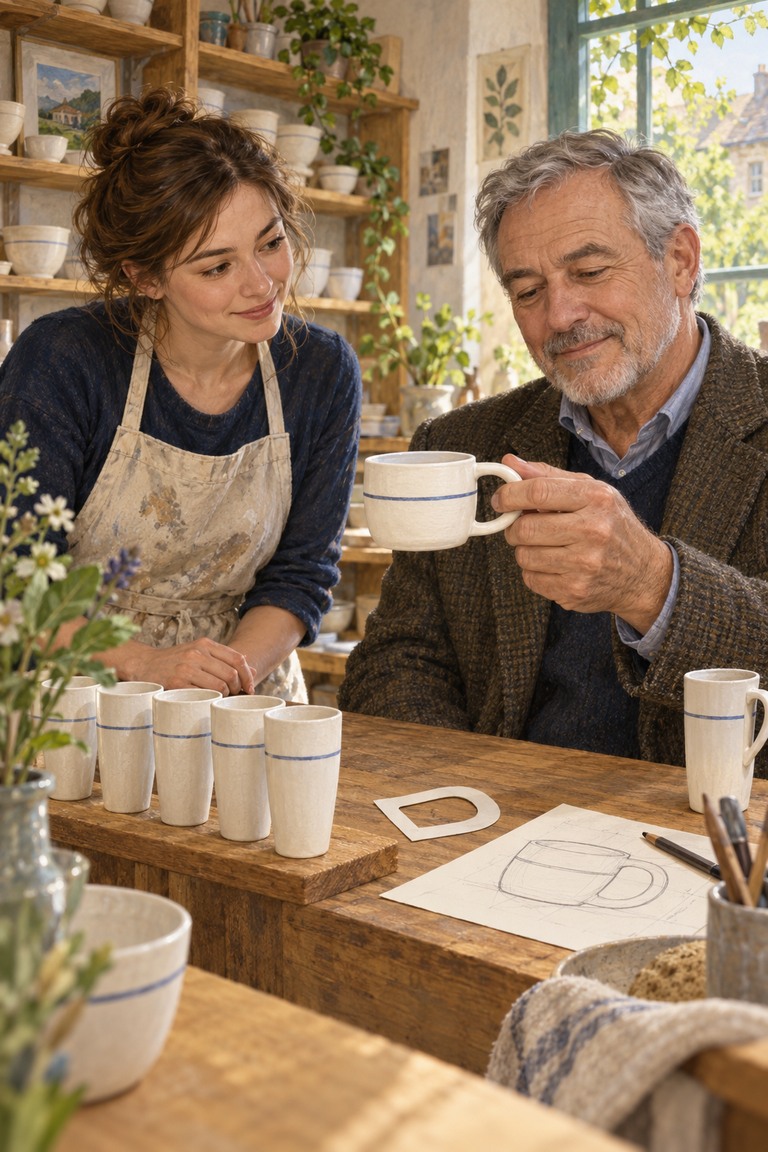 A young potter watches her customer test a short white cup with a blue line and a wide handle.