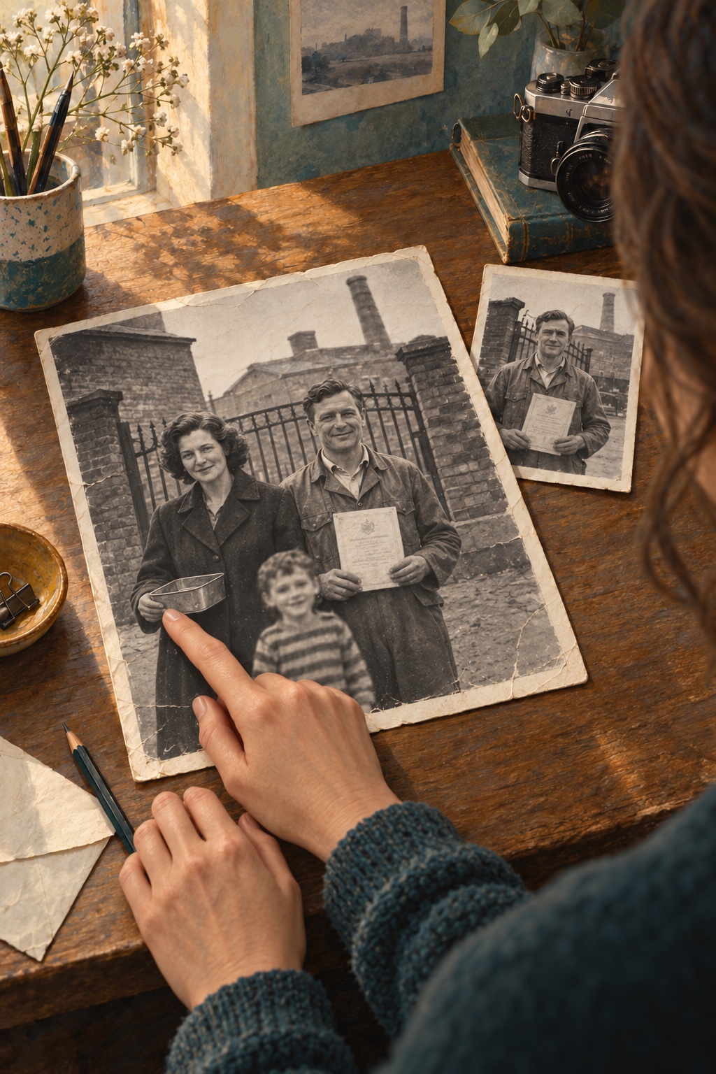 A studio desk with a wider factory photograph showing a mother holding a tin at the left, a father with a certificate and a blurred child; a cropped print shows the father alone.