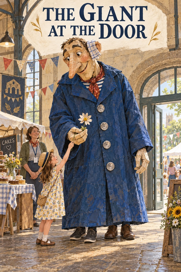 A handmade paper giant in a blue coat receives a paper flower inside a market hall. Four adult shoes show beneath the coat, revealing its two performers.