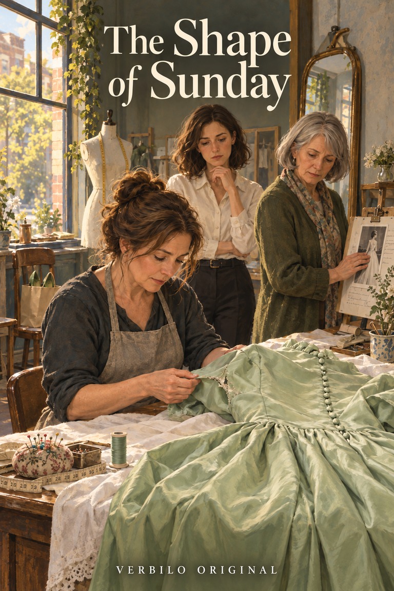 In a small alterations shop, a seamstress examines a pale green silk dress while an adult daughter in a cream shirt and black trousers stands beside her grey-haired mother.