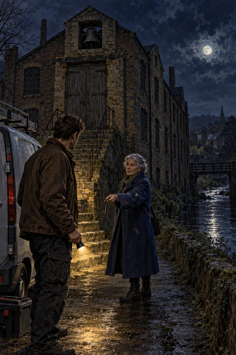 At night beside a river, an alarm technician holds a torch near his van while an older woman in a blue coat offers him the key to a dark stone mill with a bell near its roof.