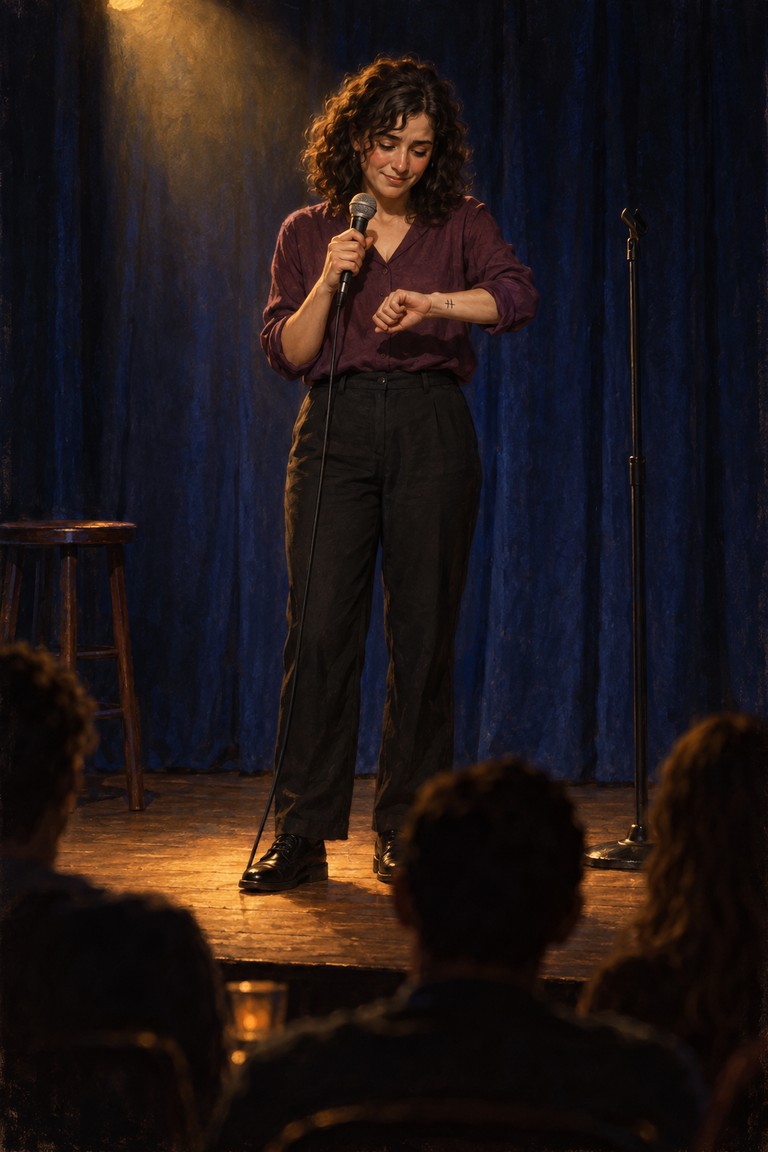 Mara stands on a small theatre stage, holding a microphone and looking at the pen marks on her wrist, with an indigo curtain and a small audience.