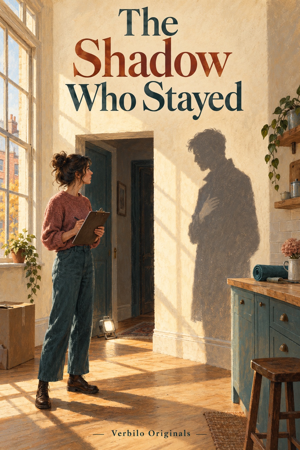A female inspector holds a clipboard beside a sunlit kitchen wall bearing an independent male shadow with a hand against its chest. A portable lamp lights the passage and teal fabric rests on the counter.