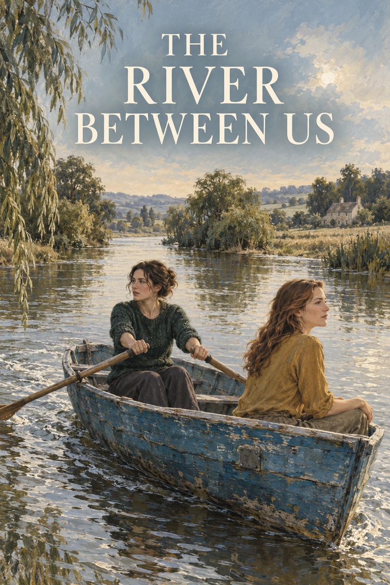 Two adult sisters face opposite directions in a worn blue rowing boat on a quiet river. One rows with two oars. A small rectangular repair marks the hull; willow trees, an island and a two-chimney farmhouse sit beyond.