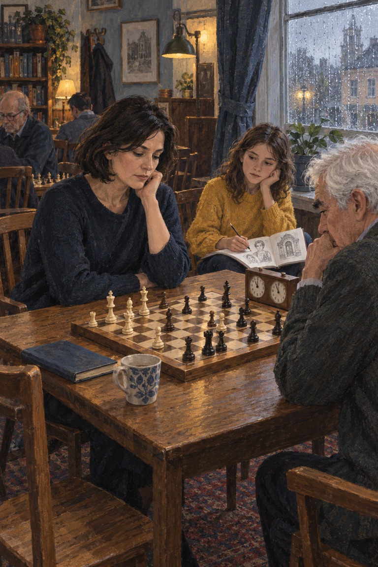 Mara and an older opponent at a chessboard beside a rainy window, with a girl in a yellow jumper drawing in her notebook.