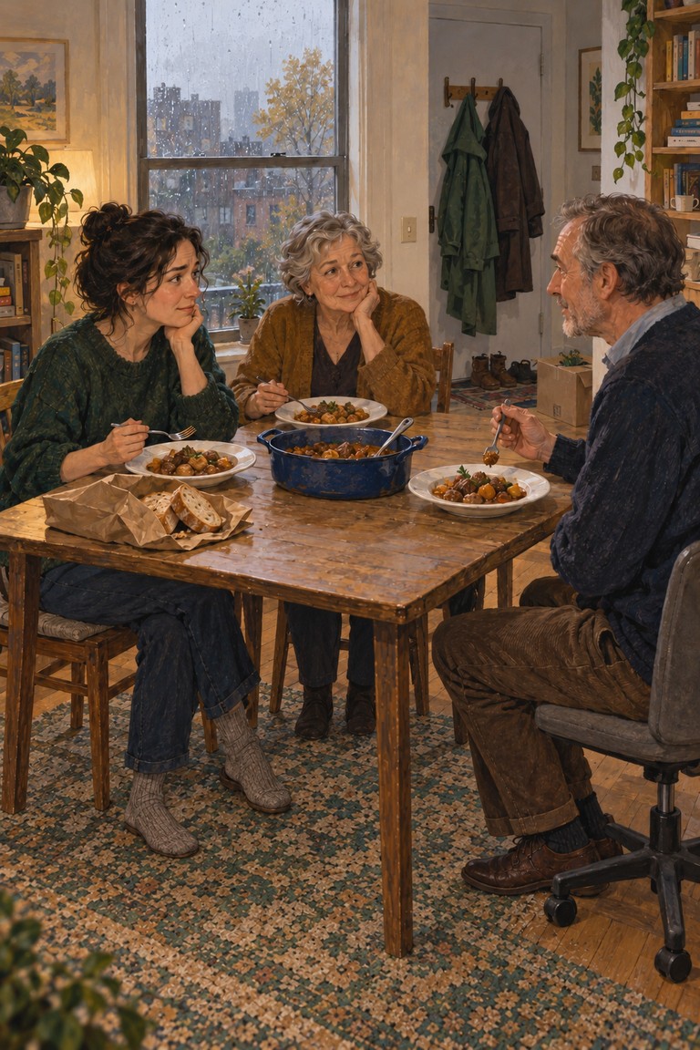 Three adults at a small Sunday lunch table: a young woman, her mother and an older man, with three plates, a blue serving dish and a paper bag of bread.