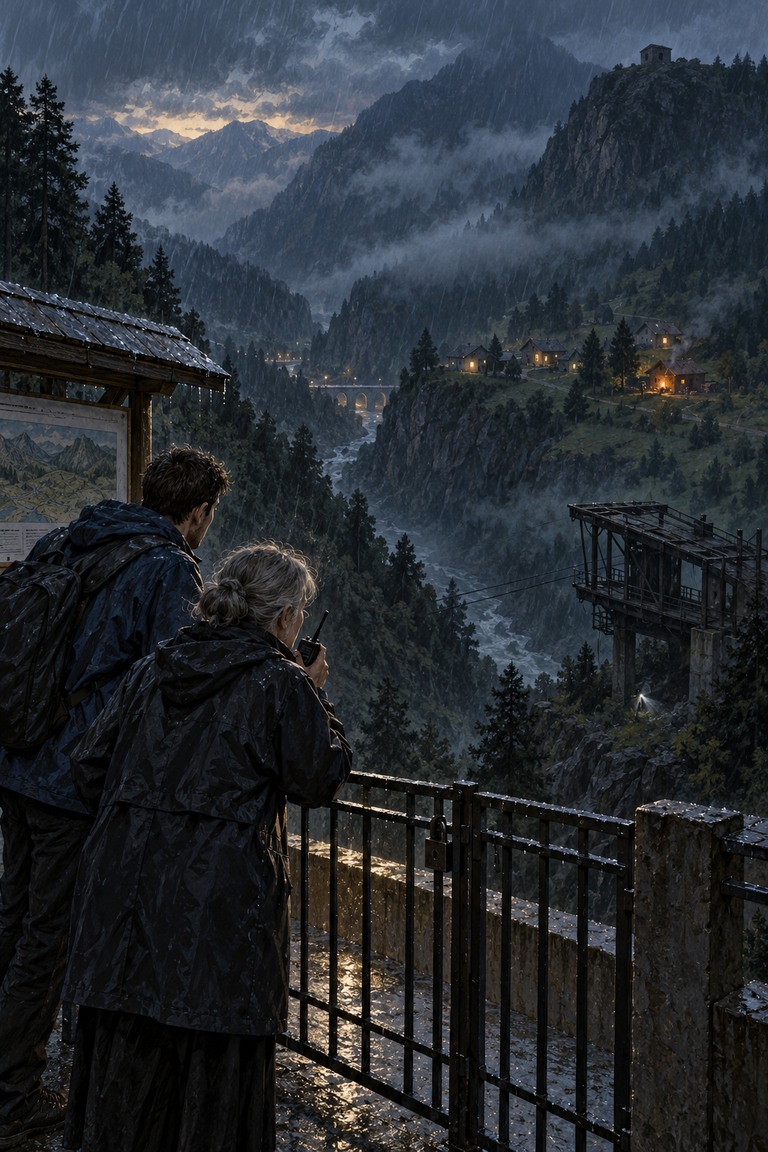 Edda and Soren watch distant torch lights beneath an abandoned cable platform from the sheltered public terrace, while a separate orange stove glows beside houses on the nearer hill.