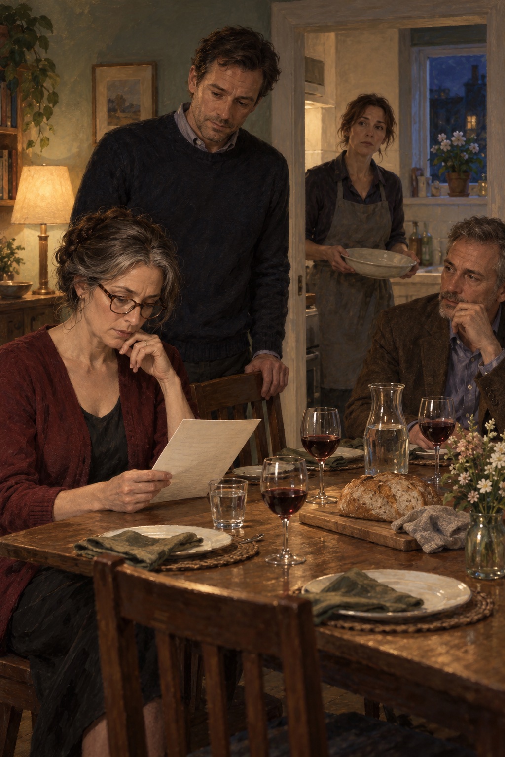 Four adults at an evening table: Iris reads a reference draft while Leo watches; Helen holds an empty serving dish and Sam sits nearby. Bread and a water jug wait beside the paper.