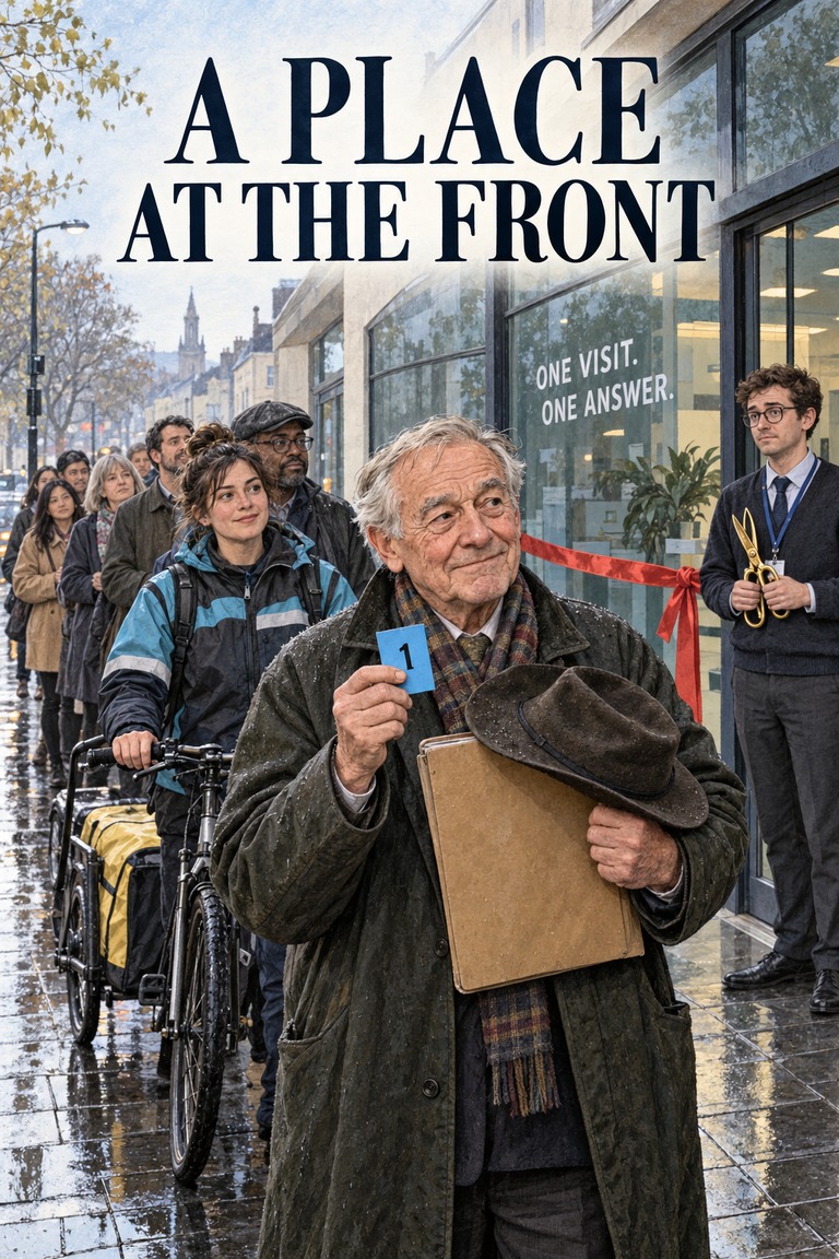 Outside a glass-fronted civic enquiry centre in drizzle, the first waiting resident protects a folder with his hat and holds a blue number-one card. A bicycle courier and other residents wait behind him; the opening ribbon and a young organiser face the real queue.