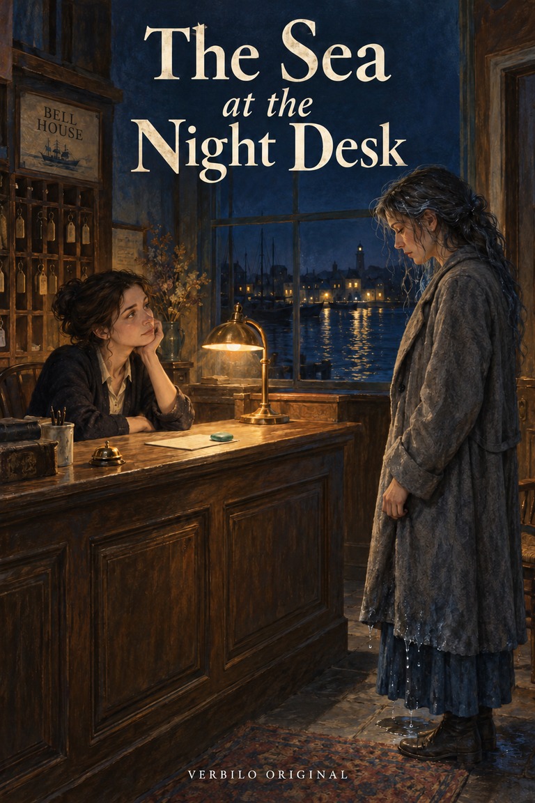 A tired woman in a dripping grey coat faces the night receptionist at Bell House. A green stone rests on the wooden desk beside a warm lamp, with harbour lights beyond the window.