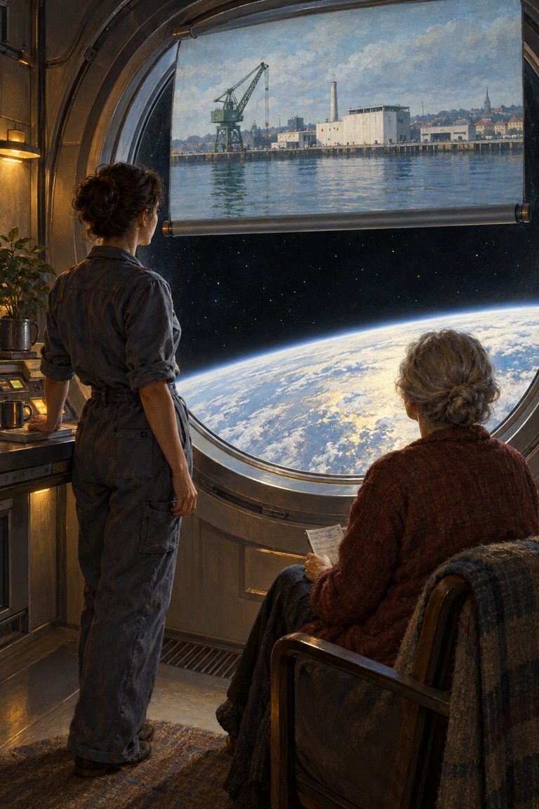 A technician and an older guest with a folded timetable face a sealed orbital window; a raised projection film shows a harbour above the real planet and black sky.