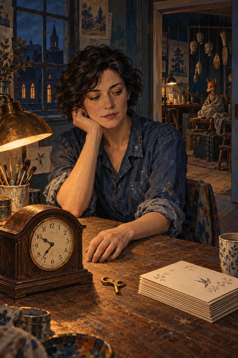 Iris sits in the artists studio at night beside an old clock, a separate winding key and invitations, with an open doorway into the puppet room.